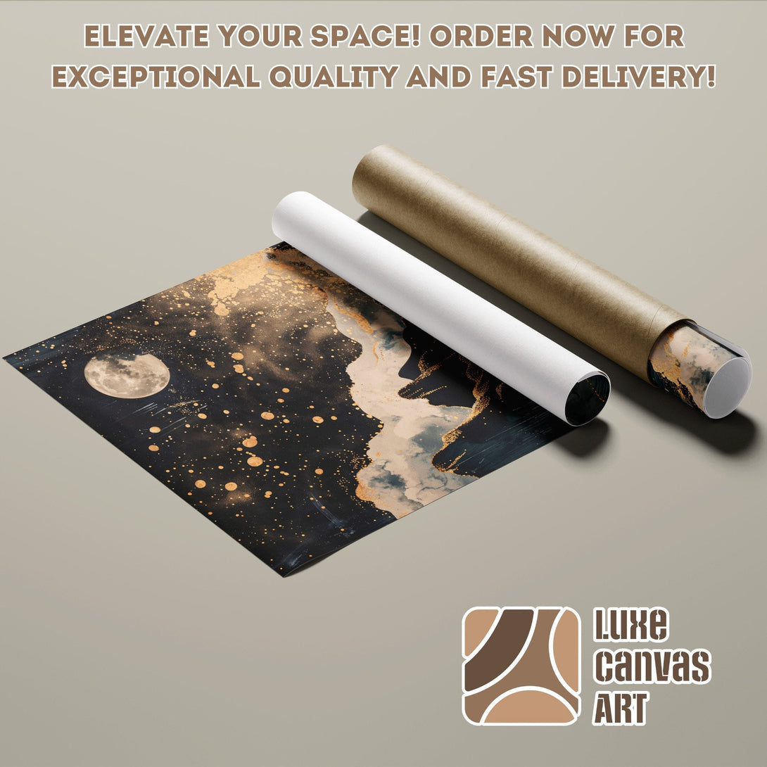 Abstract moon and gold splash art Poster Roll, perfect for your space! Order now!