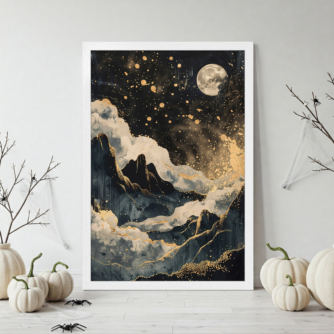 Framed Poster featuring a celestial landscape with a moon, in a dark, gold, and gray color palette. Perfect wall art!
