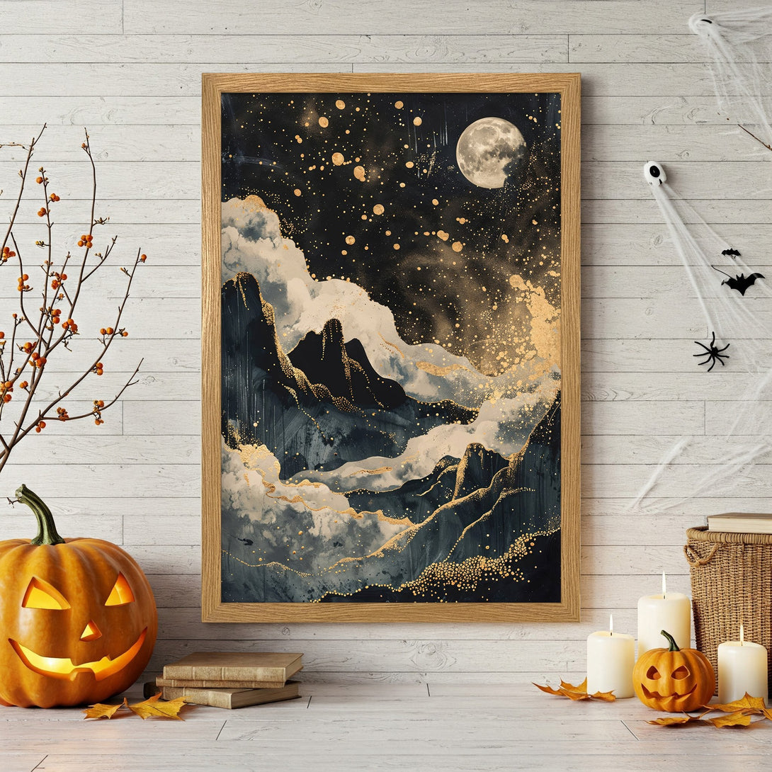 Framed Poster featuring a celestial mountain scene in dark blue, gold, and white. Perfect Halloween decor!