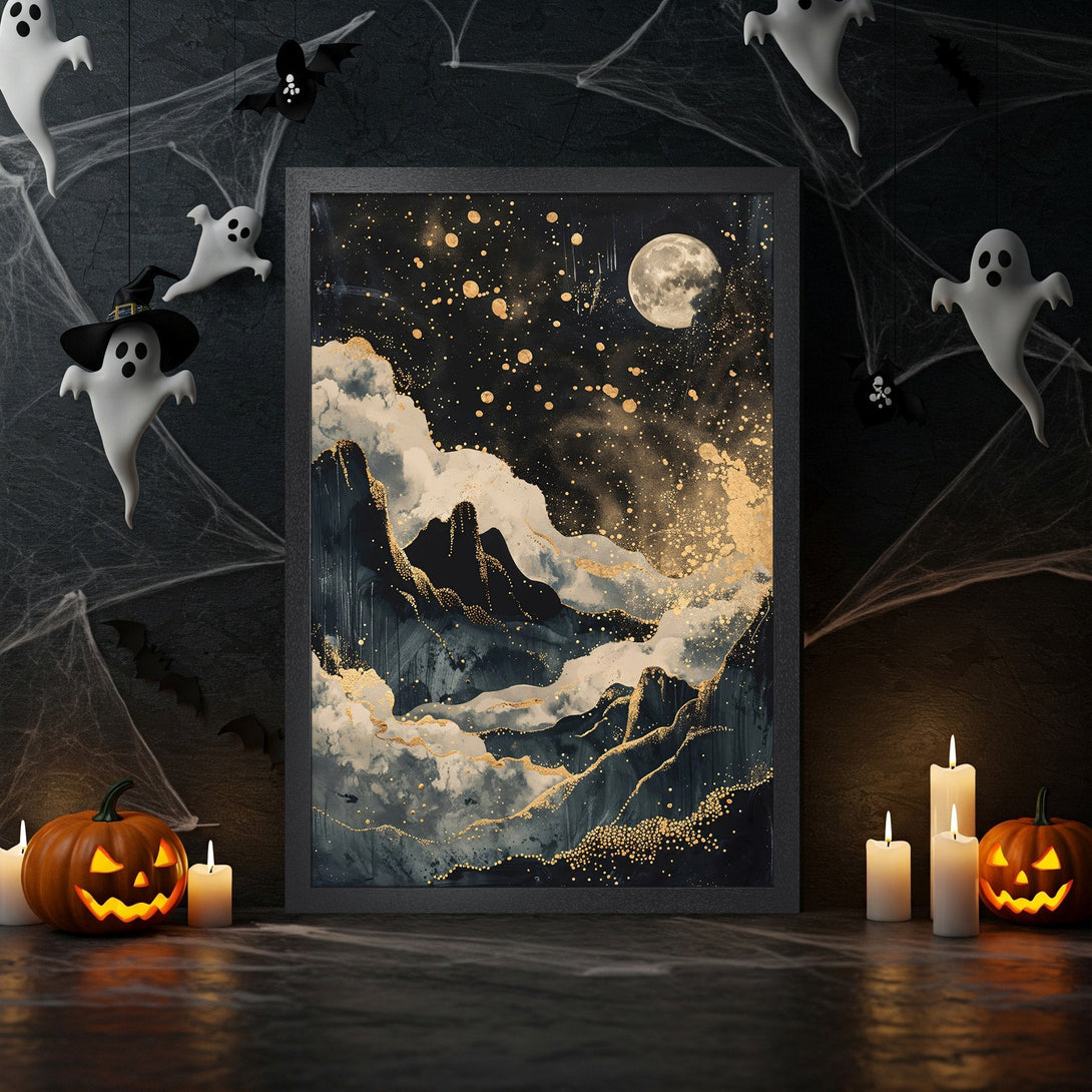 Framed Poster featuring a mystical night scene with gold accents, in a dark blue and gold color palette, perfect for Halloween decor.