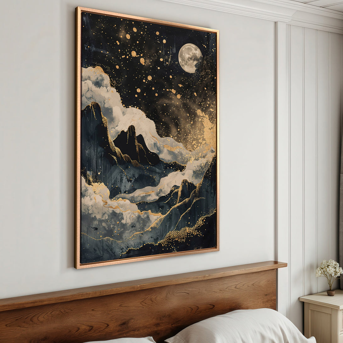 Framed Wall Art featuring a celestial landscape with mountains, clouds, and a moon. Dark blue, gold, and white color palette. Perfect for bedroom decor!