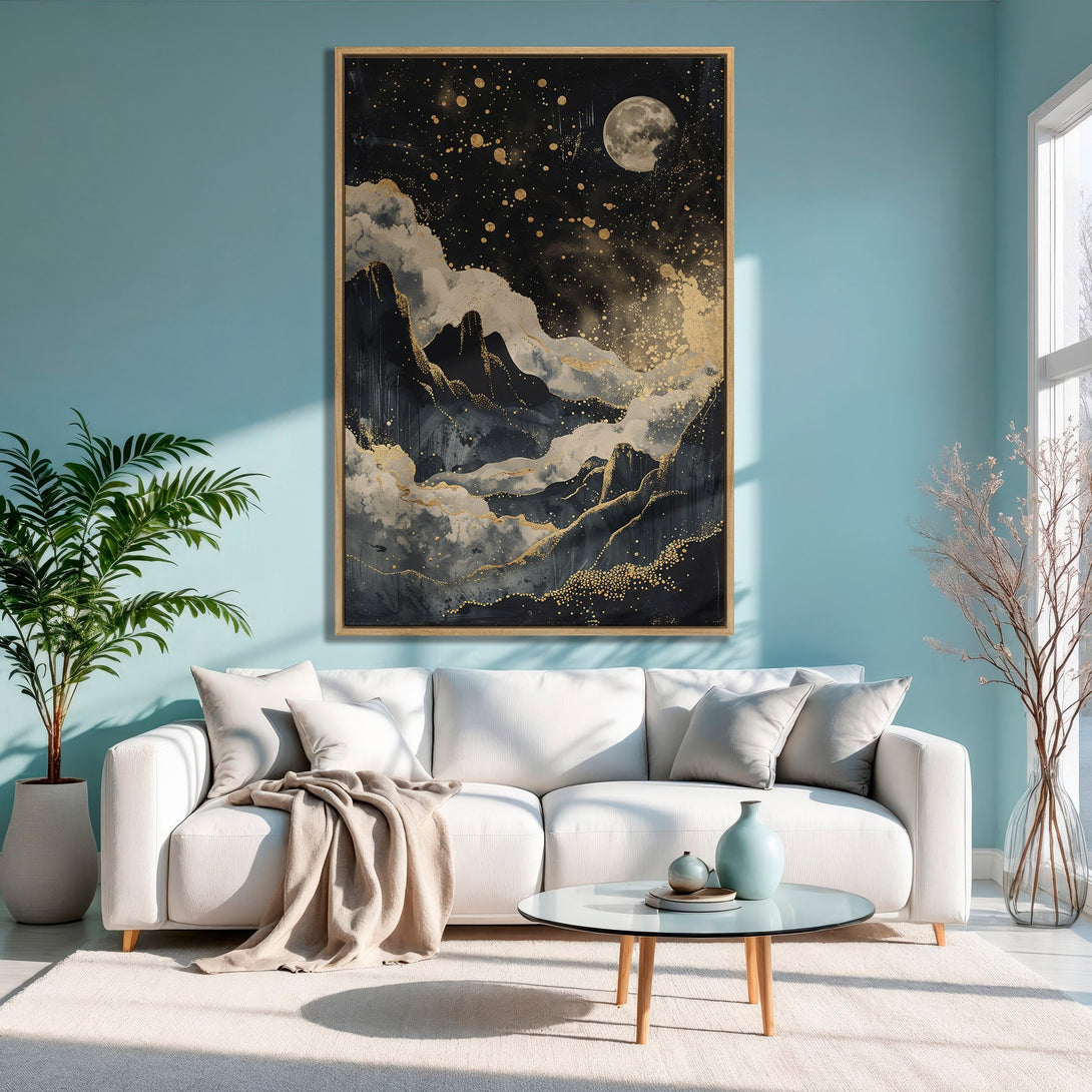 Framed Wall Art: Abstract landscape with moon, in black, gold, and gray tones. Modern art for living room decor.