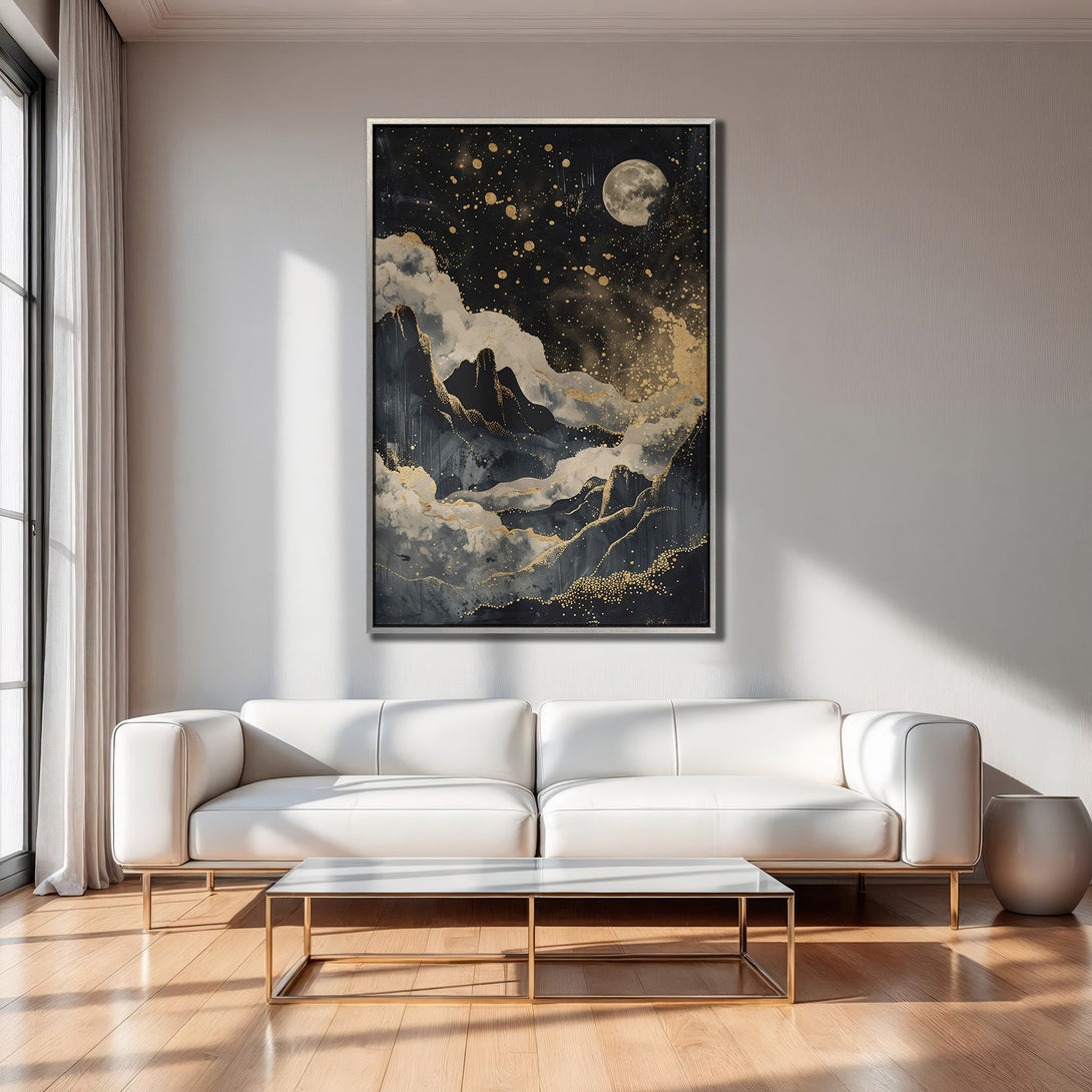 Framed Wall Art: Abstract moonlit mountain scene in black, gold, and gray. Modern art for your home decor.