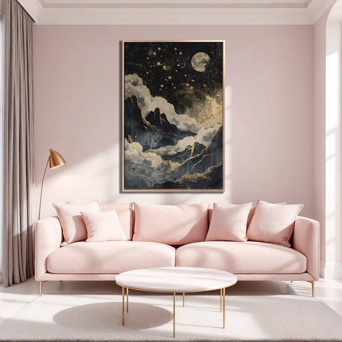 Framed Wall Art: Abstract moonlit mountain scene in black, gold, and gray. Modern Canvas Print adds elegance to any interior with a blush pink color palette.