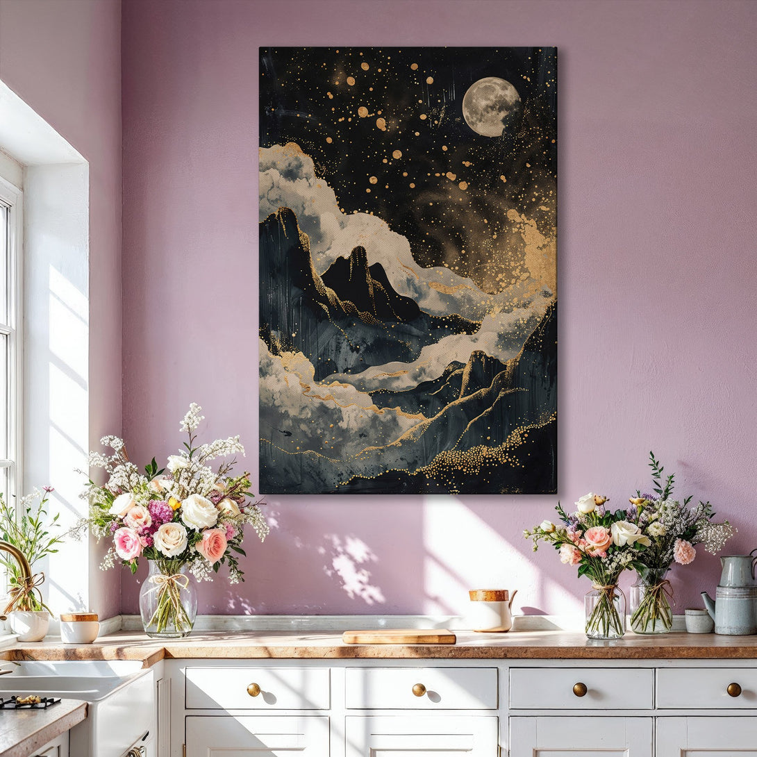 Framed Wall Art: Abstract moonlit landscape Canvas Print in gold, black, and white. Modern art for living room decor. Elevate your space today!