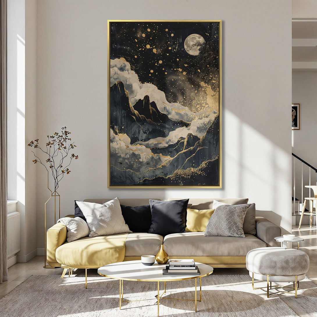 Abstract mountain Canvas Print with a moon, featuring dark, gold, and gray tones. Modern art for home decor.