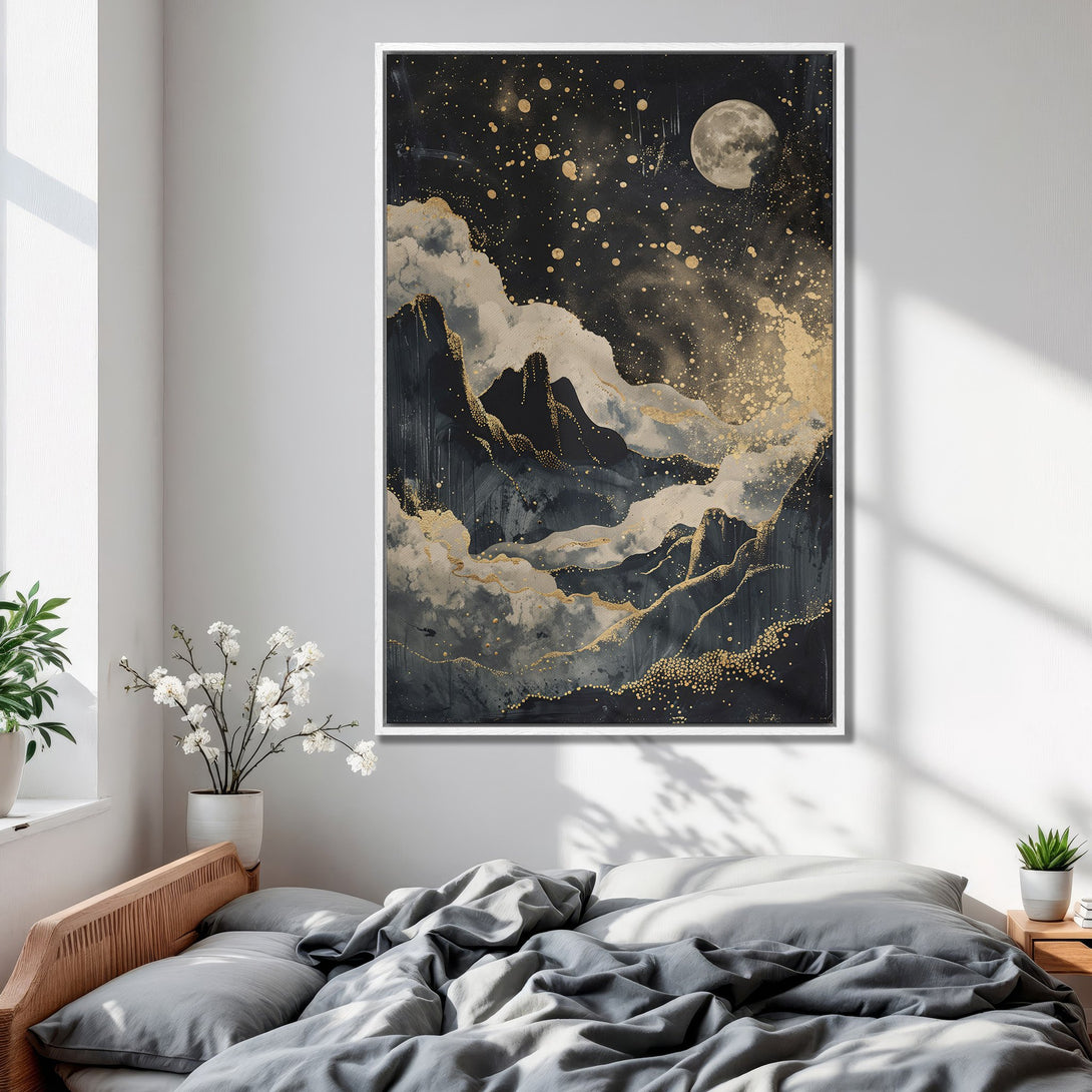 Framed Wall Art featuring a celestial mountain scene in a dark, moody palette with gold accents. Perfect for adding a touch of elegance to any space.