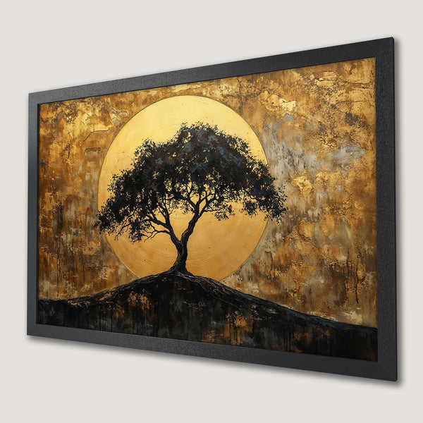 Framed Poster featuring a tree silhouette against a golden textured background. Modern art with a warm, earthy color palette.