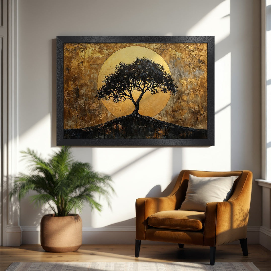 Framed Poster featuring a tree silhouette against a golden sun, in a modern, textured style. Warm, earthy color palette.