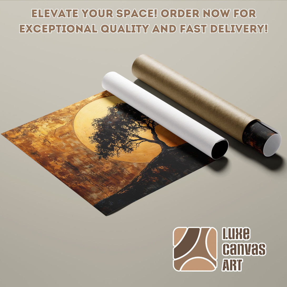 Abstract landscape poster roll art, warm earth tones, tree silhouette, ready to hang.