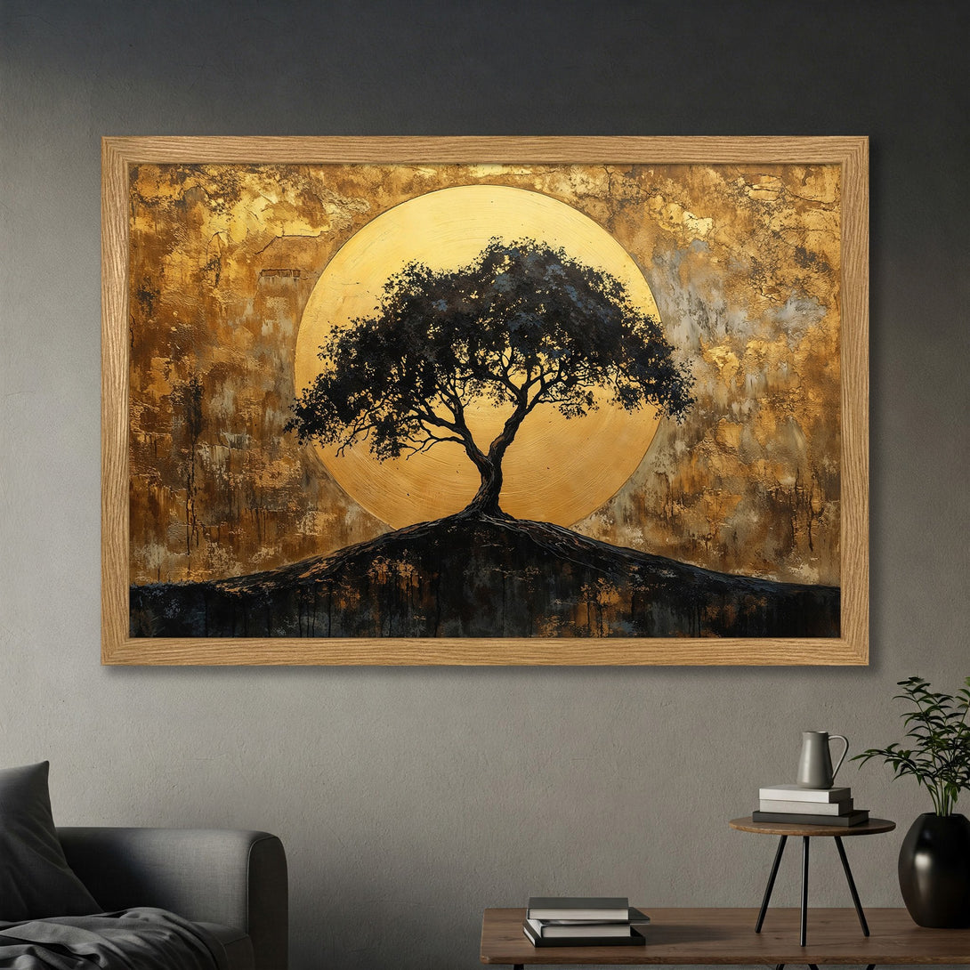 Framed Poster of a tree silhouette against a golden background. Modern art style with a warm, earthy color palette. Perfect wall decor!