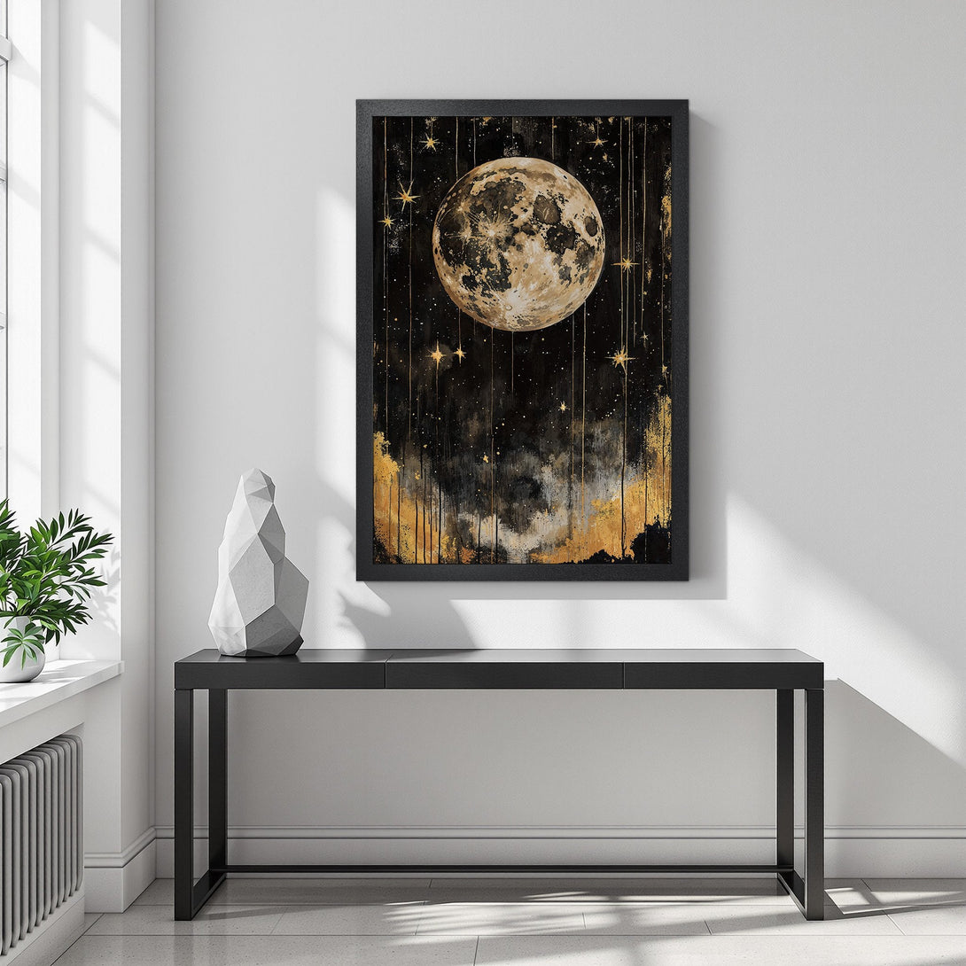 Framed Poster of a celestial moon and stars in a dark, artistic style with gold and black tones. Perfect wall art for a modern home.