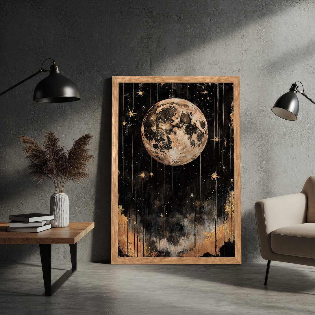 Framed Poster featuring a celestial moon and stars in a watercolor style with a black, gold, and beige color palette. Perfect wall art!