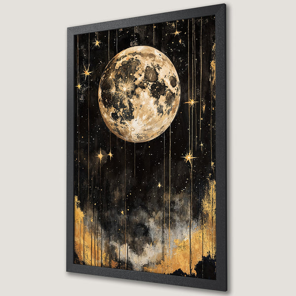 Framed Poster featuring a celestial design with a moon and stars in a black, gold, and beige color palette. Perfect wall art!
