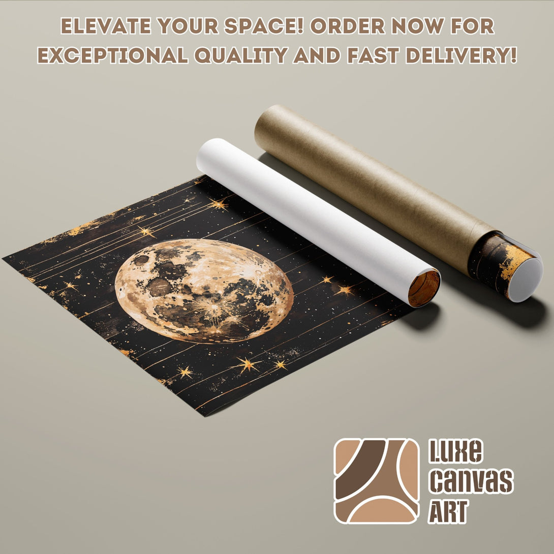 Poster Roll featuring a celestial moon and stars design, in a watercolor style with a black and gold color palette.