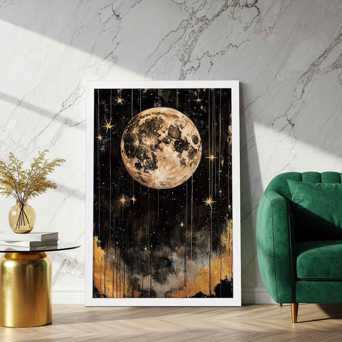 Framed Poster featuring a celestial moon and stars art print. Watercolor style with black, gold, and beige color palette. Perfect for home decor.