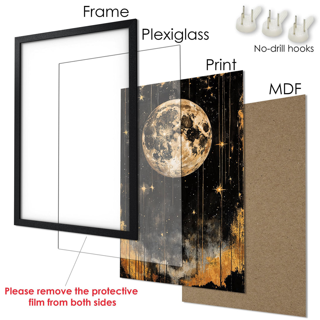 Framed Poster featuring a celestial moon & stars design in a modern, abstract style with a black & gold color palette. Perfect wall art!
