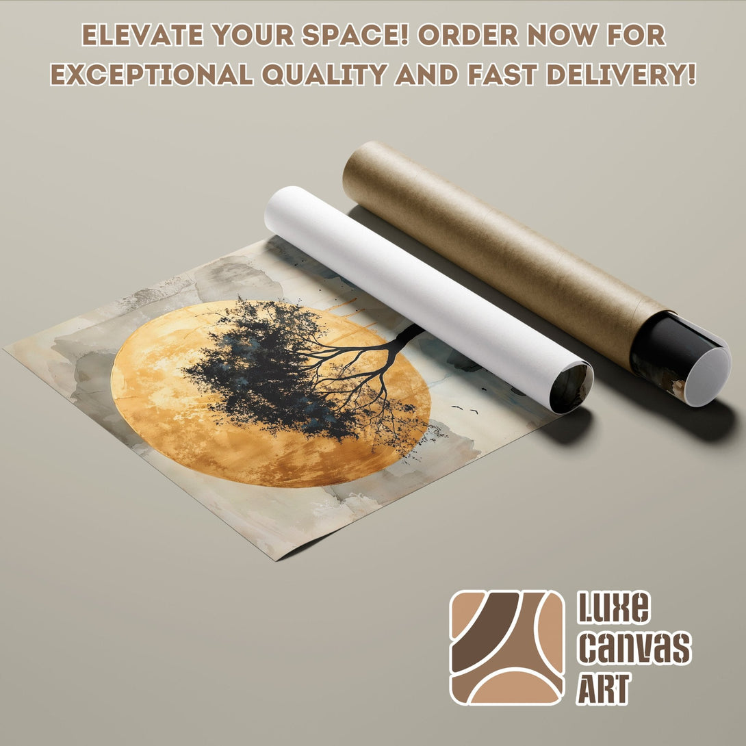 Poster Roll featuring a tree silhouette against a golden moon, neutral color palette. Elevate your space with this art!