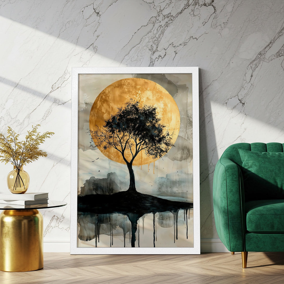 Framed Poster featuring a tree silhouette against a golden moon. Abstract style with a neutral and gold color palette, perfect for home decor.