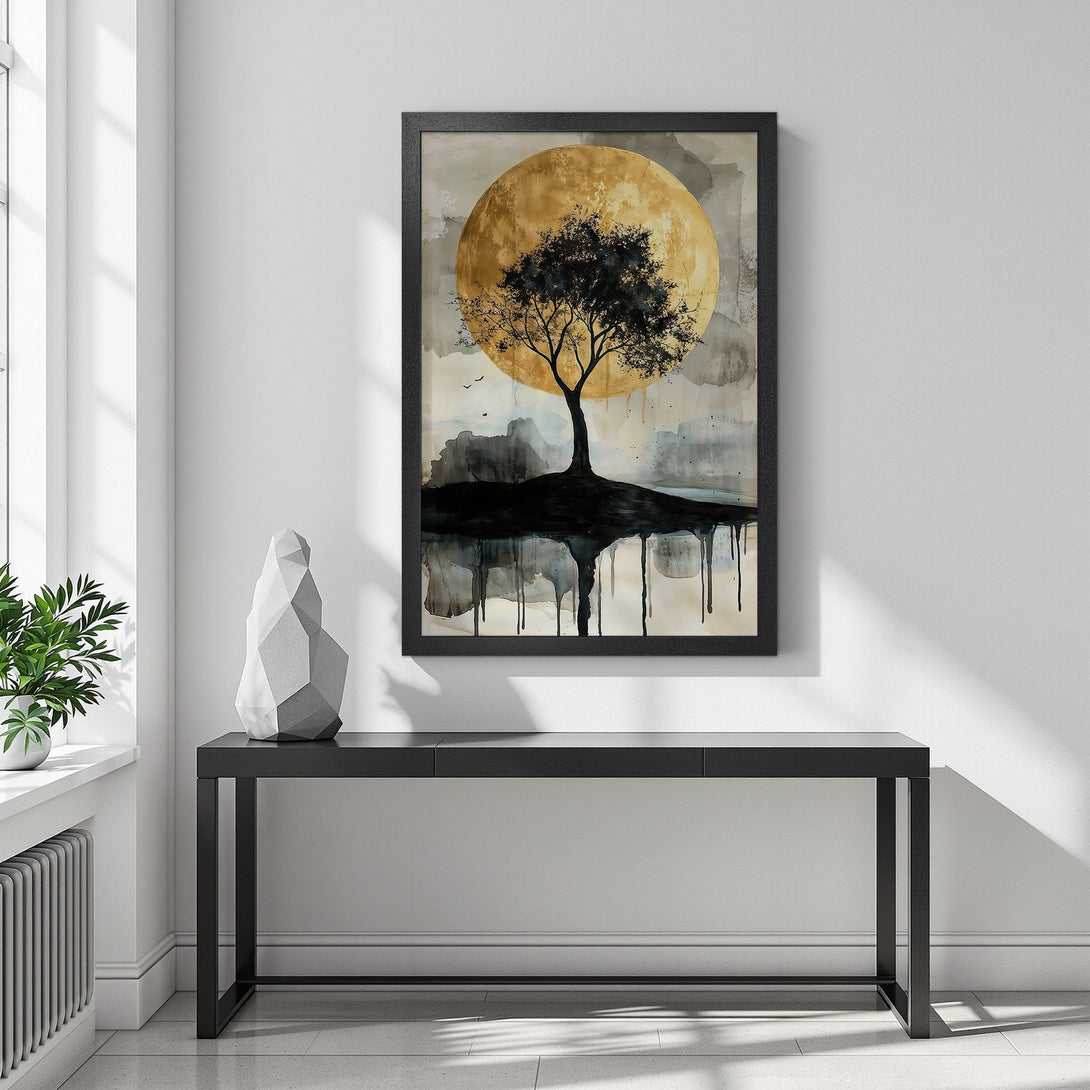 Framed Poster featuring a tree silhouette against a golden moon. Abstract style, neutral color palette. Perfect wall art.