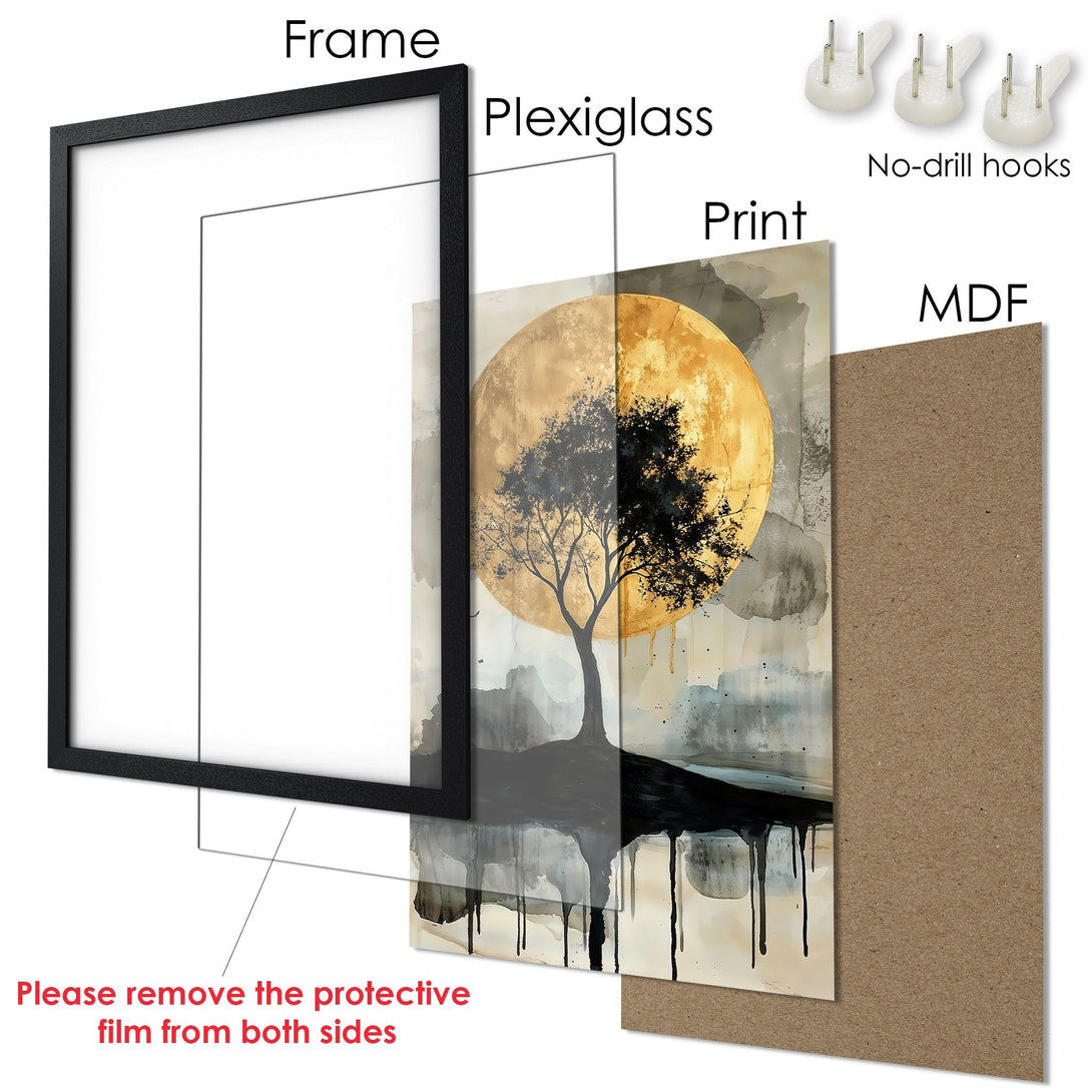 Framed Poster featuring a tree silhouette against a golden moon, in a neutral color palette. Modern art print for home decor.