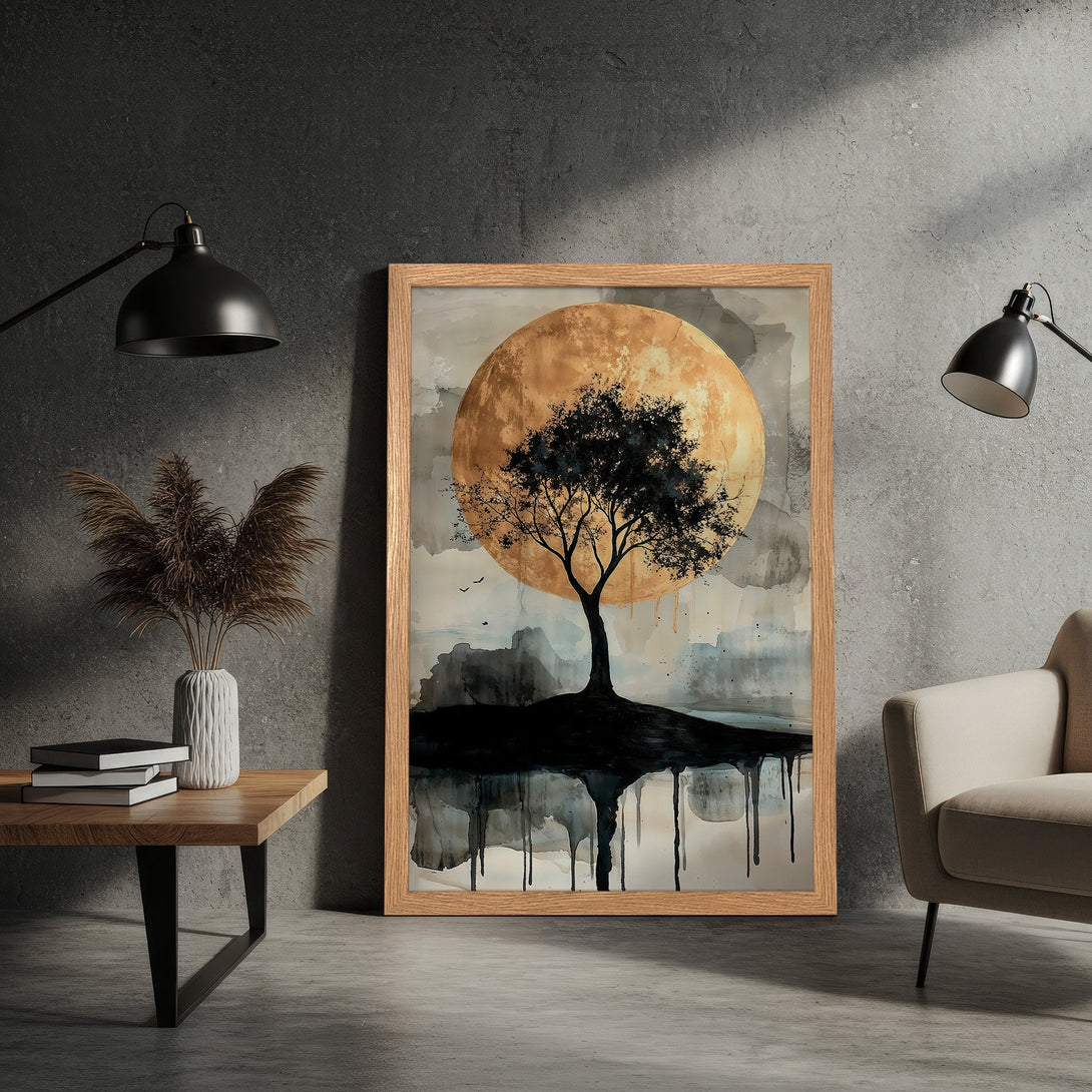 Framed Poster featuring a tree silhouette against a golden moon, in a watercolor style with a neutral color palette. Perfect wall art for any space!