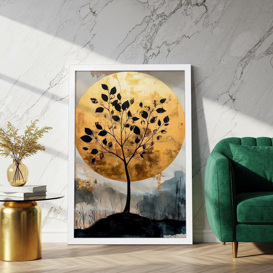 Framed Poster featuring an abstract tree against a golden backdrop, in a modern style with a warm color palette. Perfect wall art.