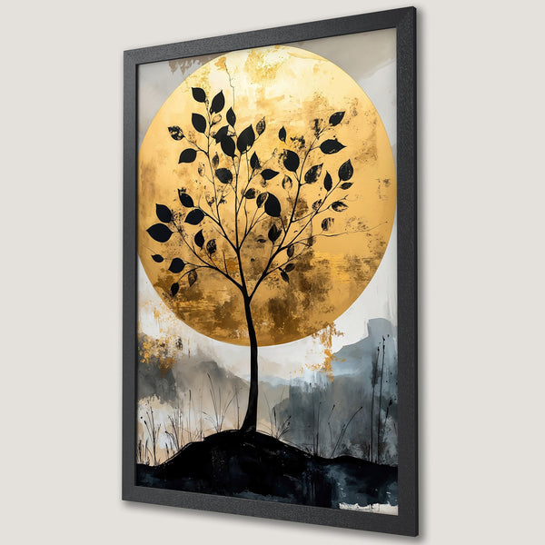 Framed Poster featuring a tree silhouette with a golden sun, abstract style, and a black, gold, and gray color palette.