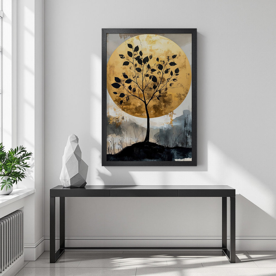 Framed Poster featuring a tree silhouette against a golden sun, abstract style, with a black, gold, and gray color palette.