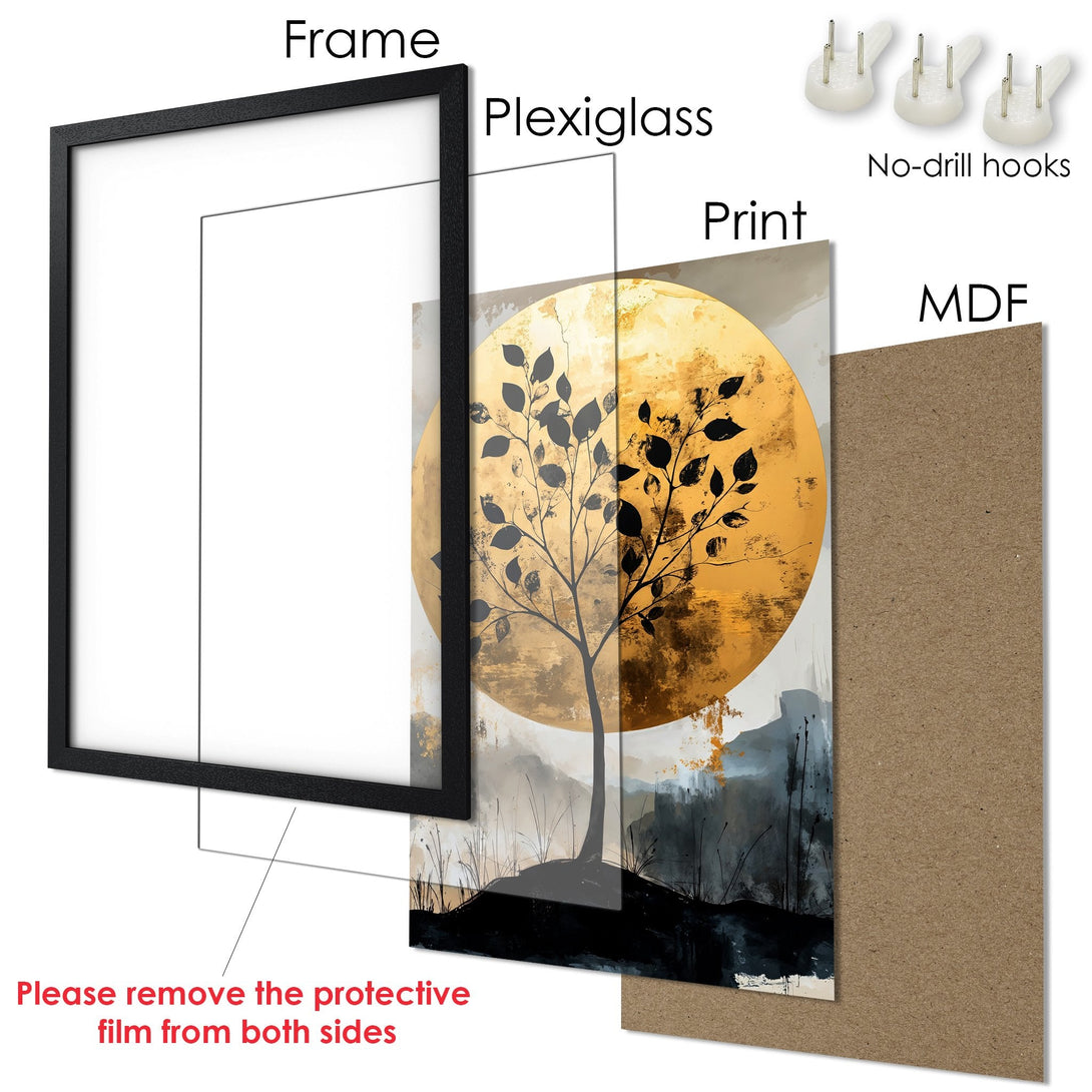Framed Poster featuring a golden sun and tree art print. Modern style with a warm, neutral color palette. Ready to hang!
