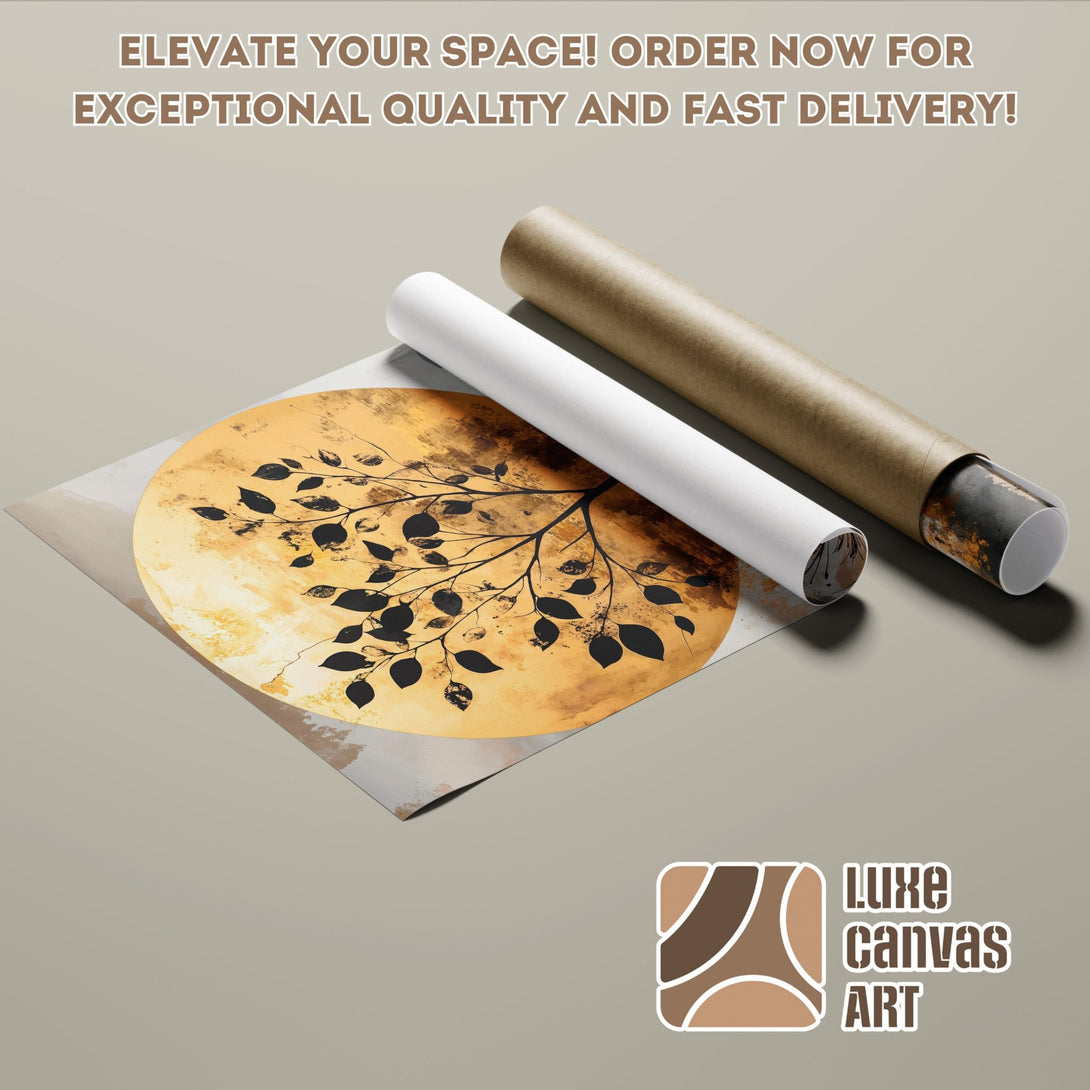 Poster Roll featuring abstract tree art in gold and black, perfect for wall decor. Earth tone color palette. Order now!