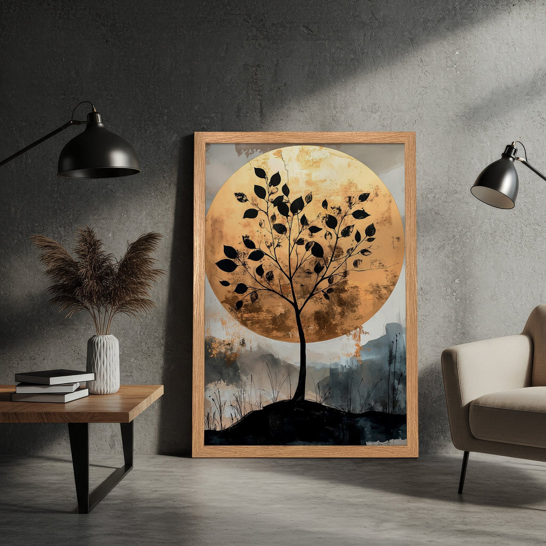 Framed Poster featuring a tree silhouette against a golden sun. Modern art style with a neutral color palette for home decor.
