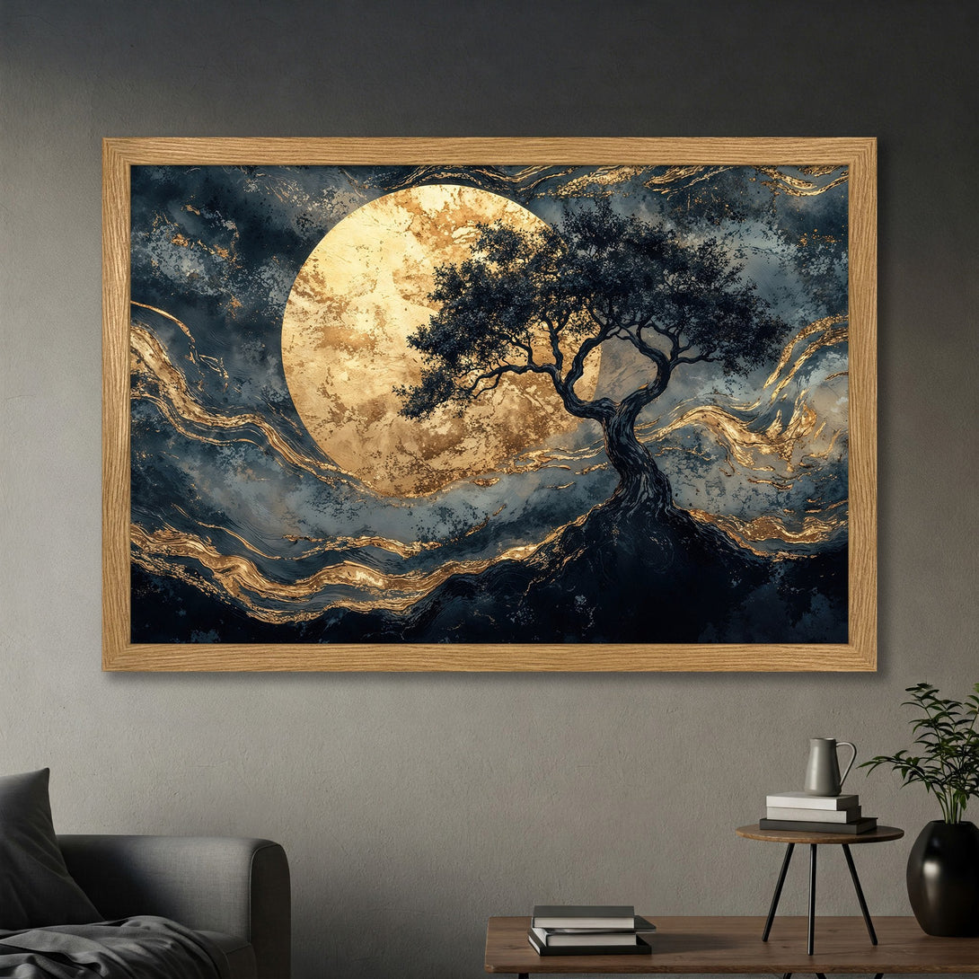 Framed Poster featuring a tree silhouette against a golden moon, abstract style, and a dark blue and gold color palette. Elevate your space!