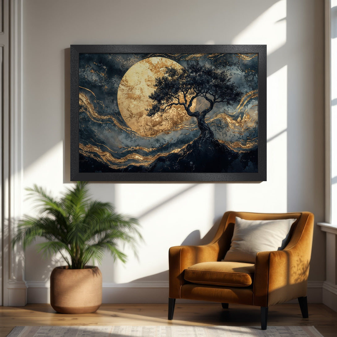Framed Poster featuring a tree silhouette against a golden moon. Abstract style with a moody blue and gold color palette. Enhance your space!