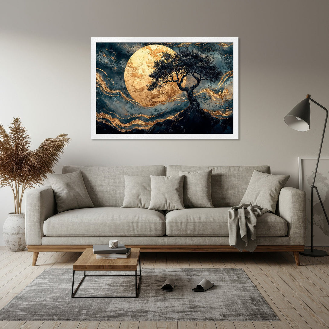 Framed Poster featuring a tree silhouette against a golden moon. Abstract style with a dark blue and gold color palette. Perfect wall art!