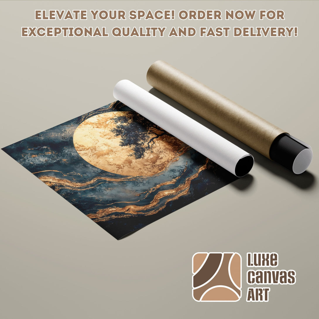 Abstract moonscape Poster Roll in blue, gold, and teal. Elevate your space!