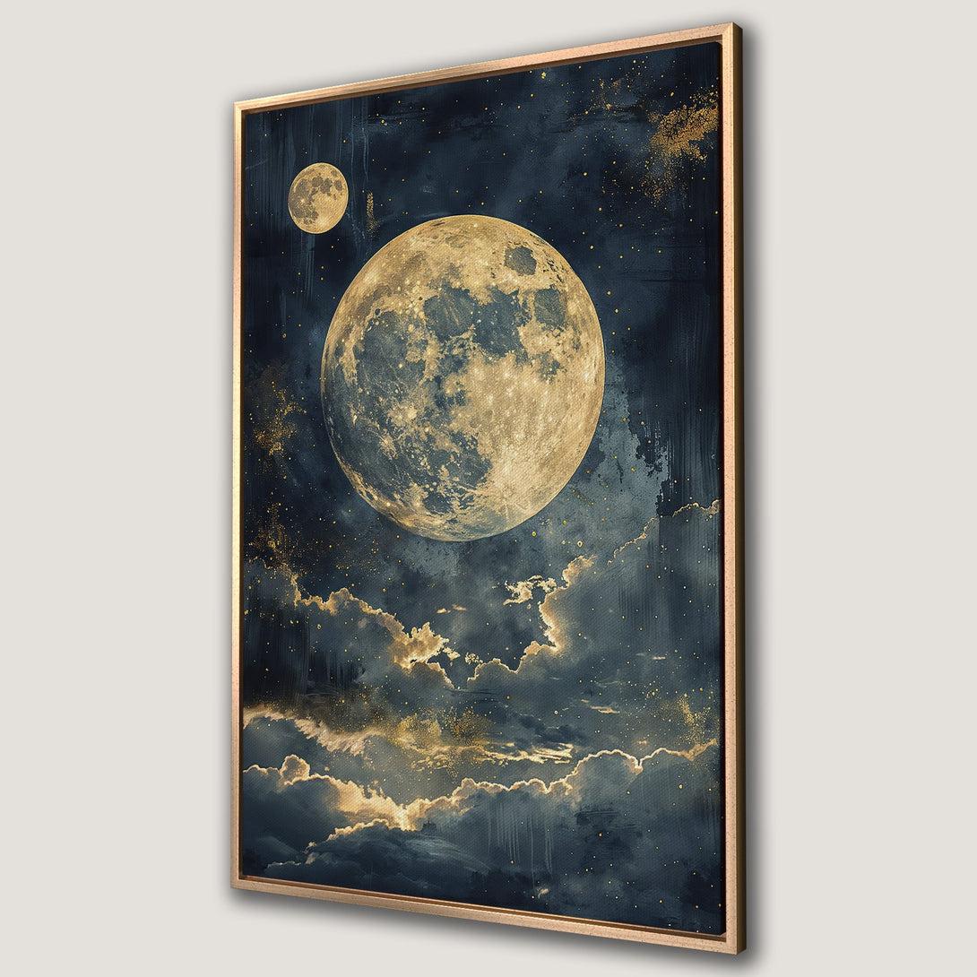 Framed Wall Art featuring a celestial moon and cloudscape in a dark blue and gold color palette. Modern art perfect for adding a touch of wonder to any room.