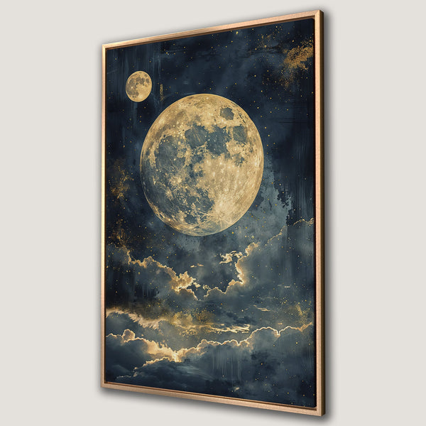Framed Wall Art featuring a celestial moon and cloudscape in a dark blue and gold color palette. Modern art perfect for adding a touch of wonder to any room.