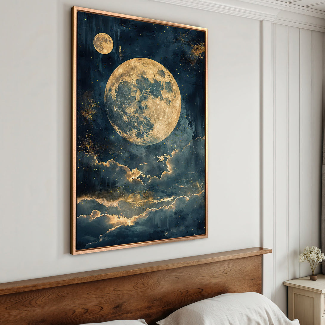 Framed Wall Art: Celestial moon art print in navy and gold. Modern abstract style canvas print for bedroom decor. Add a touch of magic to your space!