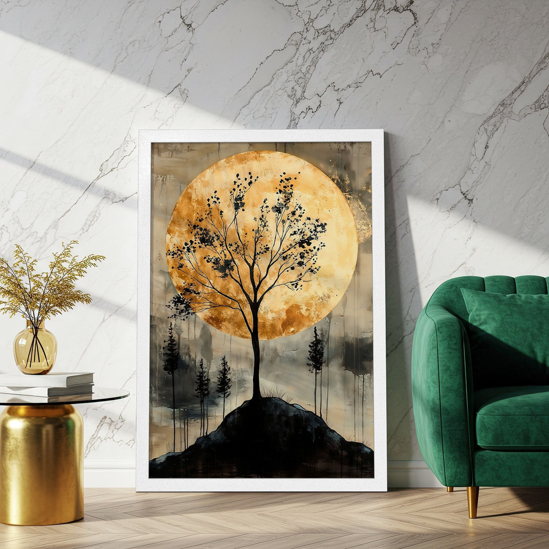Framed Poster featuring a tree silhouette against a golden moon. Artistic style with a warm, earthy color palette. Perfect wall art!
