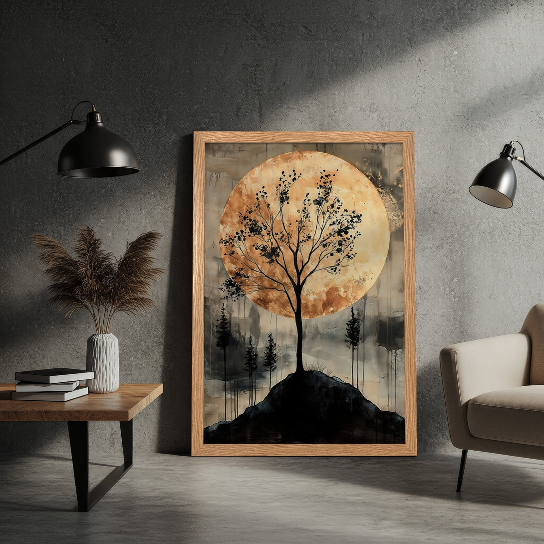 Framed Poster featuring a tree silhouette against a golden moon. Modern art style with a warm, earthy color palette. Perfect wall decor!