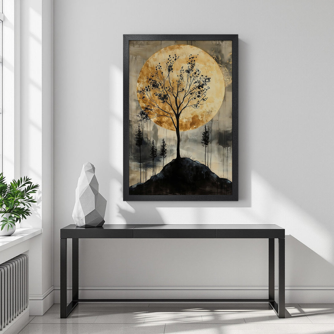 Framed Poster featuring a tree silhouette against a golden moon, in a modern, abstract style. Earthy color palette for a serene aesthetic.