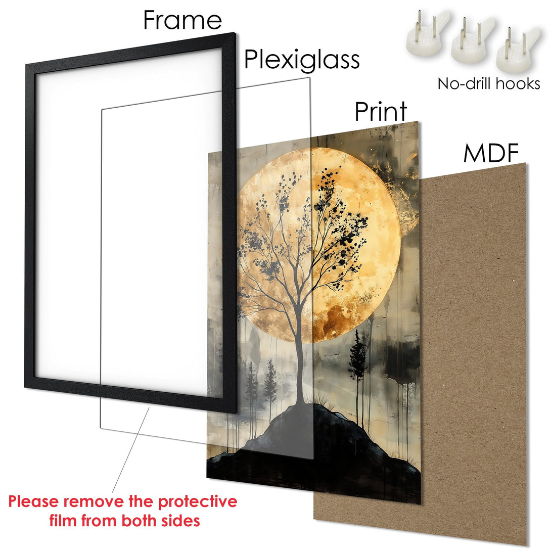 Framed Poster art featuring a tree silhouette against a golden moon. Modern, minimalist style with warm, earthy tones. Perfect wall decor!