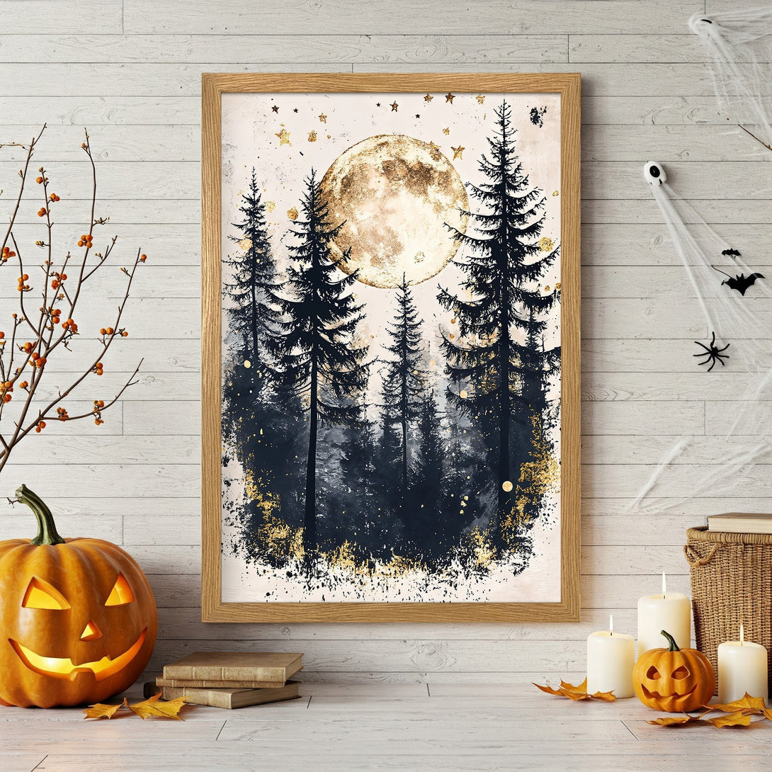 Framed Poster featuring a mystical forest scene with a full moon. Dark blue, gold, and cream color palette, perfect for Halloween decor.