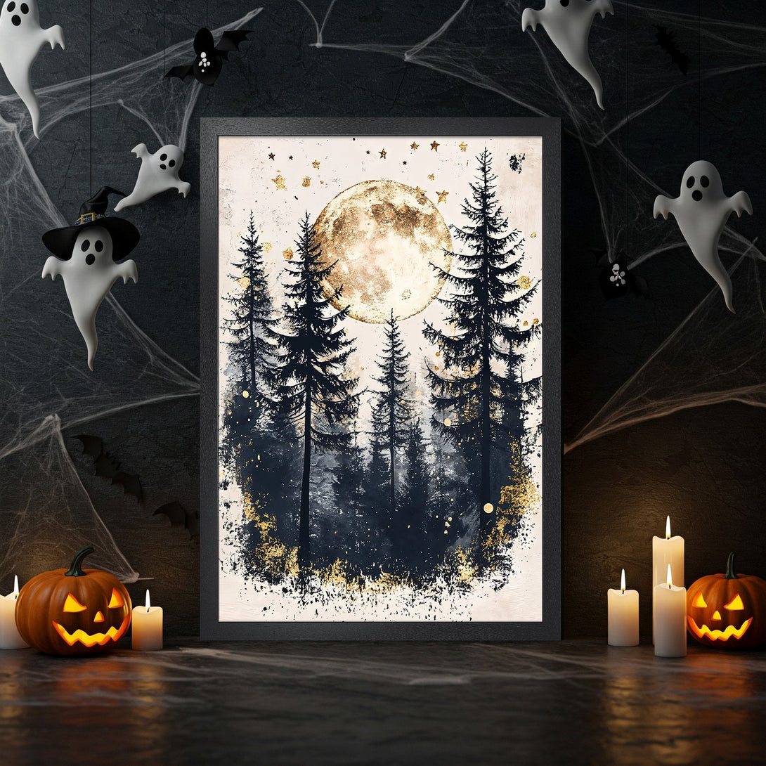 Framed Poster featuring a spooky forest scene with a full moon, in a dark blue and gold color palette, perfect Halloween decor.
