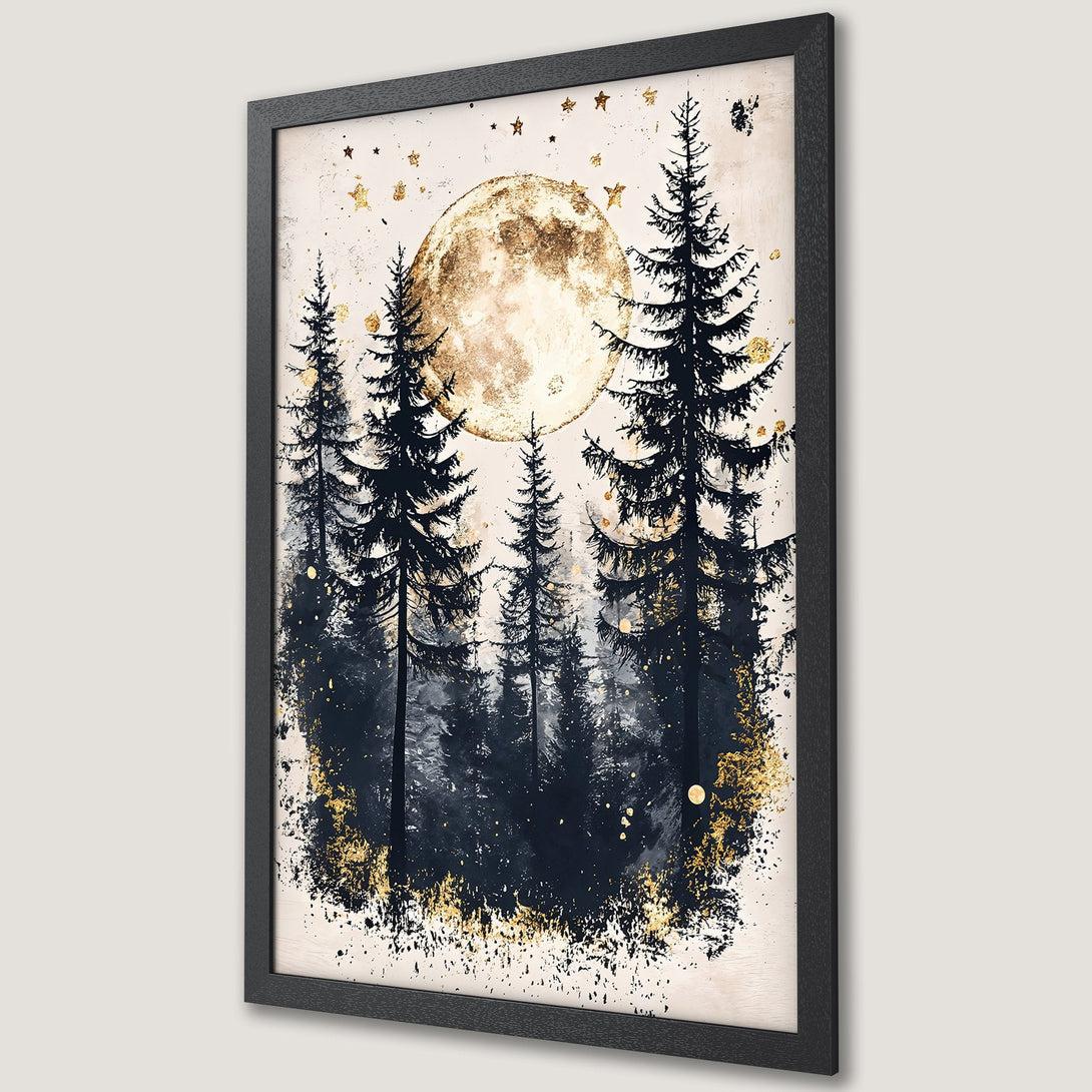 Framed Poster featuring a forest scene with a moon, in a watercolor style with a black, gold, and cream color palette.