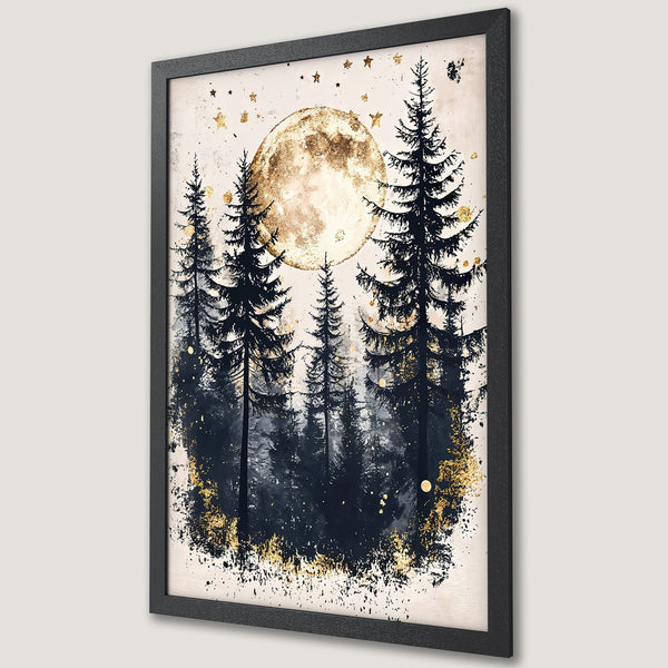 Framed Poster featuring a forest scene with a moon, in a watercolor style with a black, gold, and cream color palette.