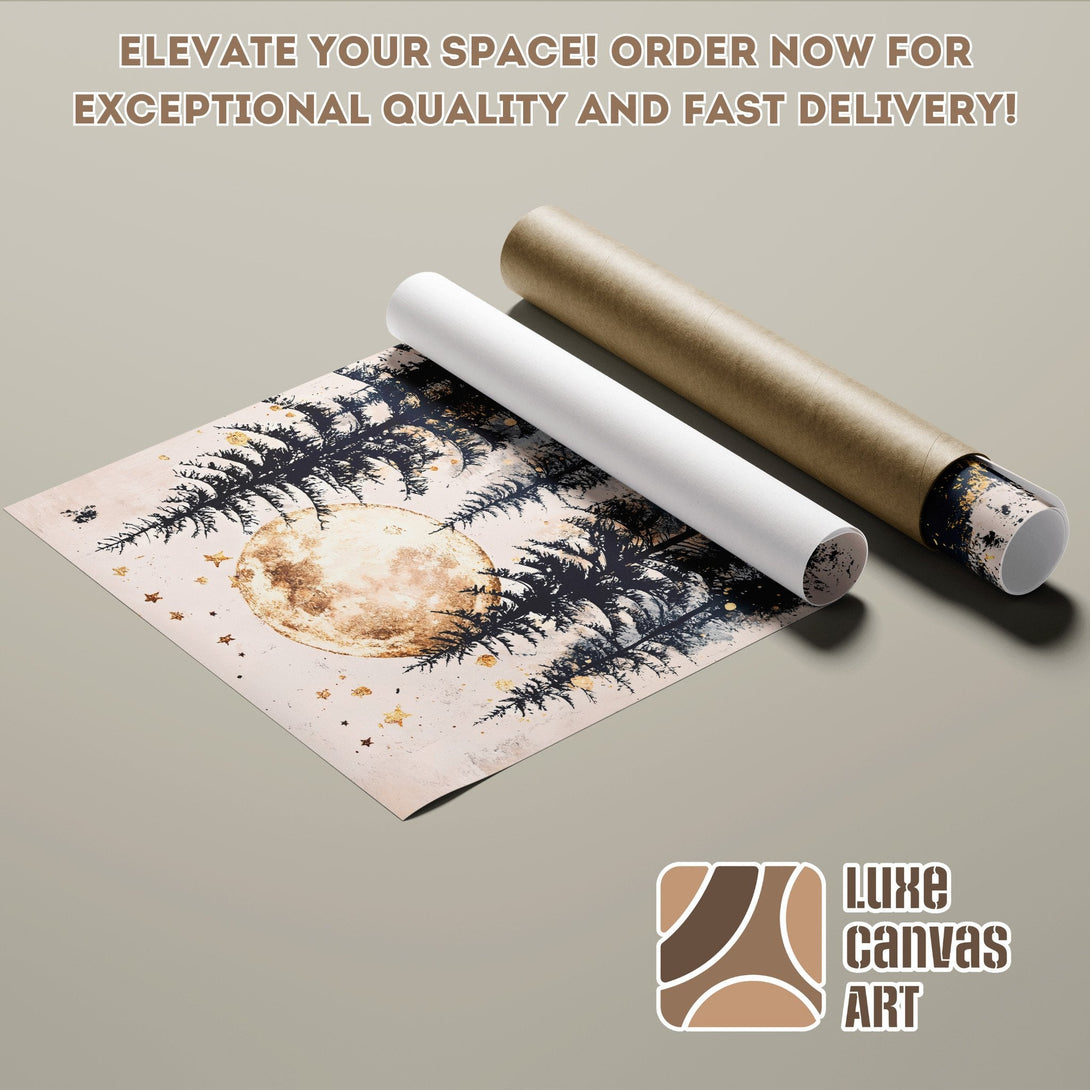 Poster Roll with moon and tree art, neutral tones, perfect for home decor. Order now!