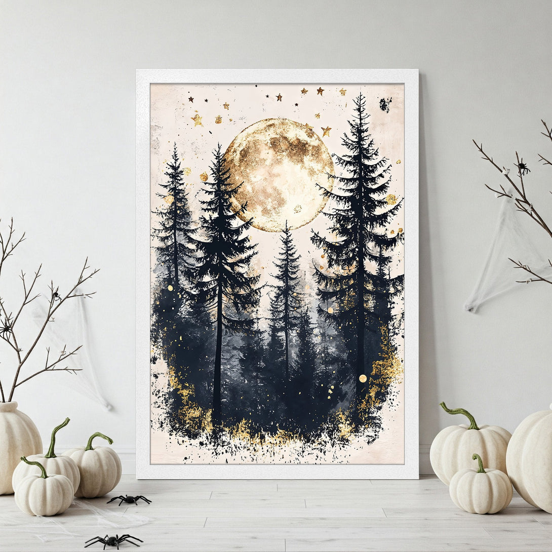 Framed Poster featuring a mystical forest scene with a full moon, in a dark blue, gold, and cream color palette. Perfect wall art for any room.