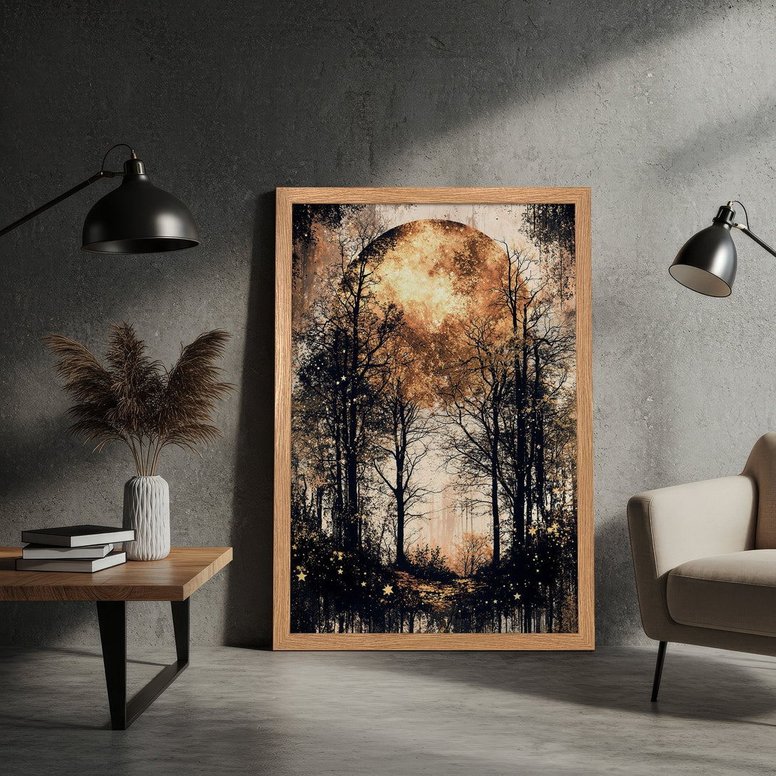 Framed Poster featuring a mystical forest scene in warm earth tones. Perfect wall art for a cozy, stylish home.